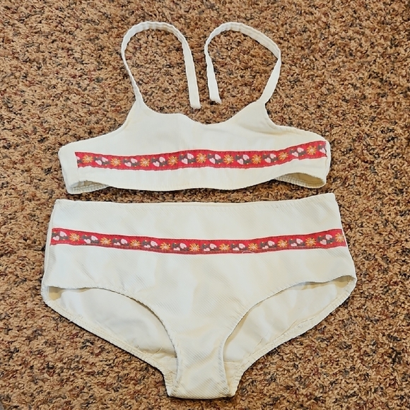 Other - VINTAGE GIRLS KIDS White Bikini Set with Red Floral Trim SWIMSUIT 70s 80s